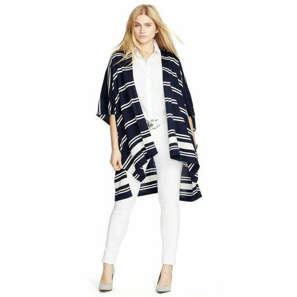 Lauren Ralph Lauren Women's M Navy Striped Silk Cashmere Cardigan Poncho - Picture 3 of 10